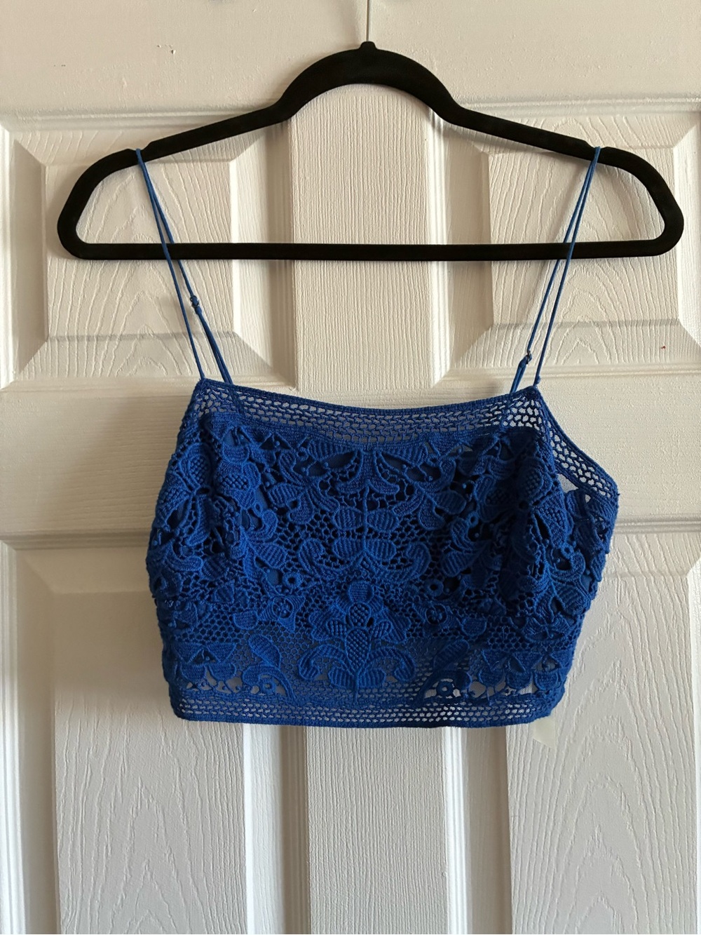 Free People Royal Blue Crochet Floral Spaghetti-Strap Crop Top
